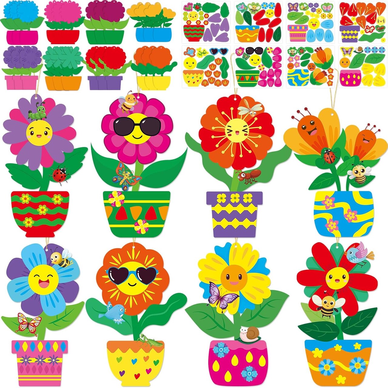 24-Piece Spring Flower Craft Kit for Kids – DIY Make Your Own Flower Pot Art Set, Hanging Ornaments for Preschool, Classroom, and Home Activities
